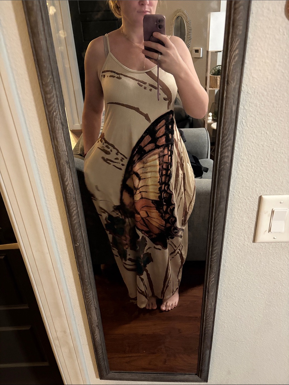 chic Beige Butterfly-Print Maxi Dress